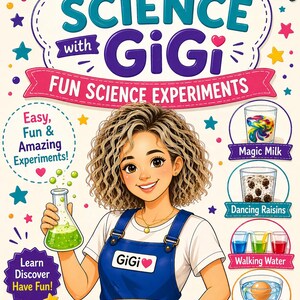 Peut inclure: Couverture de livre colorée "Oops! Science avec GiGi" avec une fille de dessin animé tenant un flacon. Le livre présente des expériences scientifiques comme "Lait Magique" et "Raisins Dansants", pour les enfants curieux.