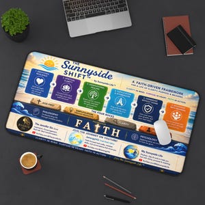 May include: A rectangular mousepad with a beach scene and the words "The Sunnyside Shift" in blue and yellow. The mousepad features a faith-based framework with steps for clarity and purpose.