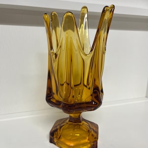 Mid Century Stretch Amber Flame Vase with Hexagon Base
