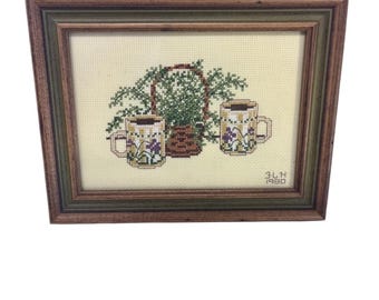 Framed Cross Stitch Wall Art-Coffee Cup and Houseplant Design