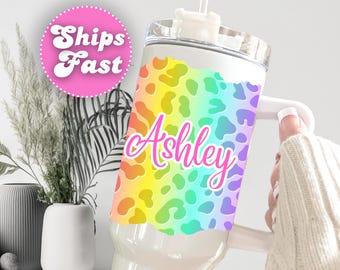 Personalized Neon Leopard Print Tumbler, Custom Name Stainless Steel Cup