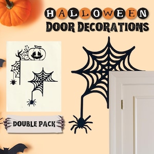 May include: Black Halloween door decorations featuring spiderwebs and spiders. One design includes a pumpkin and spiderwebs. The text "Halloween Door Decorations" is at the top. The words "Double Pack" are also visible.