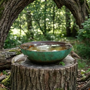 Fuente para pájaros de jardín zen: Fuente de agua rústica con pátina de cobre para decoración japonesa.