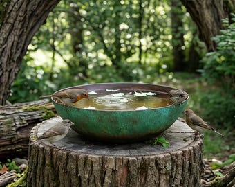 Zen Garden Bird Bath Bowl: Rustic Copper Patina Water Feature for Japanese Decor