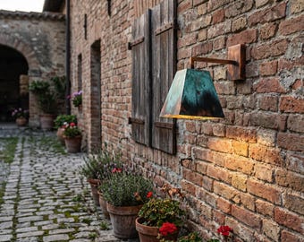 Handmade Patina Copper Geometric Sconce, Modern Rustic Outdoor Wall Light