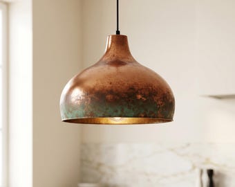 Handmade Copper Dome Pendant Light, Rustic Green Patina Hanging Lamp, Industrial Kitchen Island Fixture