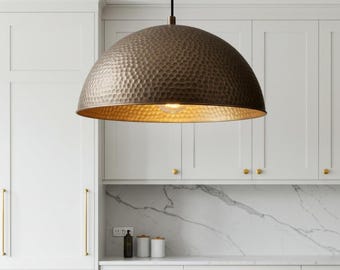 Handmade Brass Dome Pendant Light – Large Hammered Ceiling Lamp for Kitchen Island, Dining Room & Modern Interiors