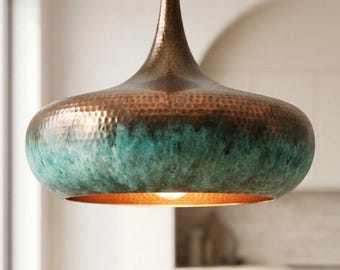Lámpara colgante de cobre martillado, lámpara colgante rústica con pátina verde
