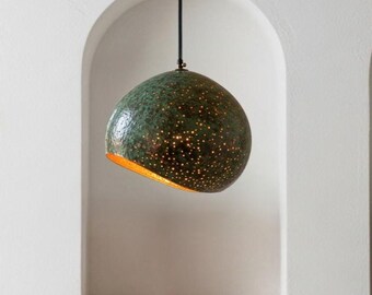 Handcrafted Green Patina Dome Pendant Light - Moroccan Perforated Brass Ceiling Lamp, Boho Rustic Hanging Fixture for Kitchen Island Bedroom