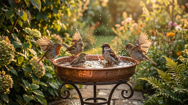 May include: A copper bird bath with several small birds splashing in the water. The birds are brown and gray with some having orange markings. The bird bath is on a decorative wrought iron stand, surrounded by lush greenery and flowers.