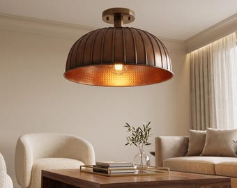 Geribbelde messing semi-inbouw plafondlamp, geribbelde lichtkoepel voor woonkamer, antieke koperen plafondlamp, midden van de eeuw