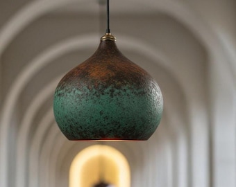 Green Patina Dome Pendant Light – Handcrafted Brass Ceiling Lamp – Moroccan Style Hanging Light Fixture – Rustic Industrial Home Decor