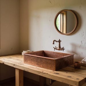 Könnte beinhalten: Ein rechteckiges Waschbecken aus Kupfer mit gehammerter Textur steht auf einem hölzernen Waschtisch. Ein runder Holzspiegel und ein Vintage-Wasserhahn sind an der Wand montiert. Eine kleine Holzschale und gefaltete weiße Handtücher befinden sich auf dem Waschtisch.