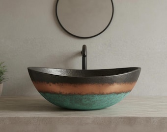 Modern Vessel Sink Bathroom Basin, Handmade Copper Green Patina Sink, Luxury Countertop Wash Basin, Artistic Bathroom Decor, Unique Vanity