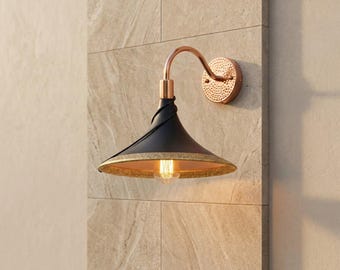 Handmade Black Copper Cone Wall Sconce, Moroccan Rustic Lamp, Modern Gold Interior Lighting