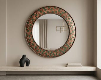Hand Hammered Copper Mirror with Green Patina Dots | Rustic Round Wall Mirror | Artisan Metal Frame Mirror | Boho Southwestern Decor