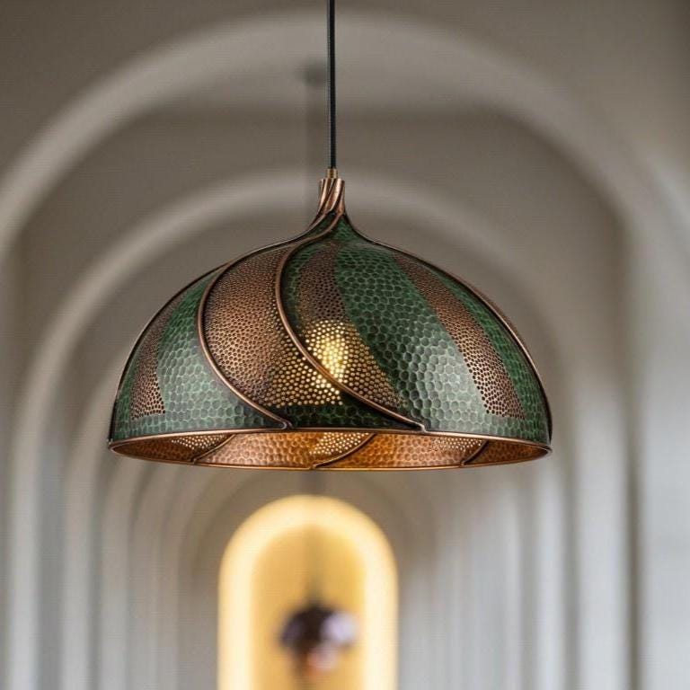 Handcrafted Hammered Brass Ceiling Lamp for Boho Green Patina Copper finish  Dome Pendant Light – Handcrafted Hammered Ceiling Lamp
