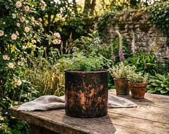 Maceta rústica de cobre con planta aromática / Decoración de cocina de estilo rústico vintage