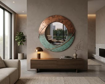 Espejo redondo estilo boho con pátina de cobre / Decoración de pared moderna y rústica con efecto verdigrís