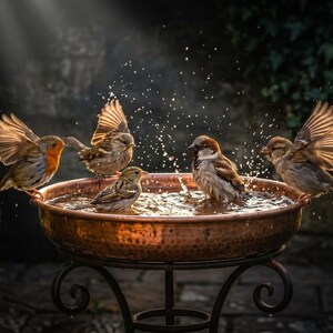 May include: A copper bird bath with several small birds splashing in the water. The birds are brown and tan, with one having a red breast. Water droplets are visible in the air, and the scene is lit by sunlight.