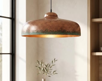 Hammered Copper Dome Pendant Light, Rustic Green Patina Hanging Lamp