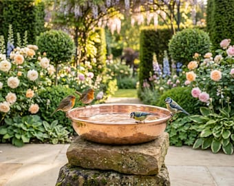 Handmade Hammered Copper Bird Bath, Rustic Garden Feeder Bowl, Outdoor Patio Decor