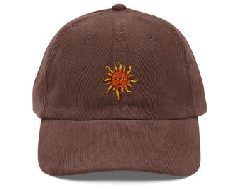 Vintage Corduroy Baseball Cap | Embroidered Golden Smiling Sun Design