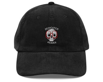 Vintage Corduroy Baseball Cap | &quot;Dedicated Reader&quot; Embroidered Skull Design