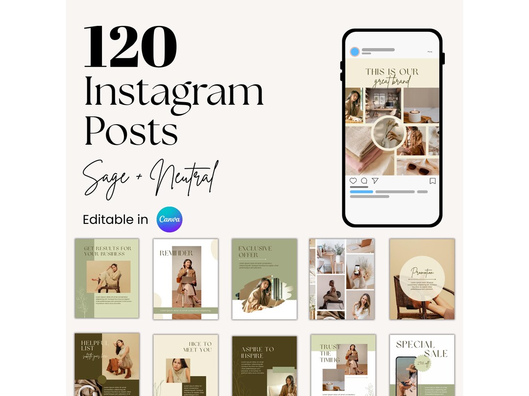 120 Business Instagram Post Templates Sage & Neutral Canva Designs