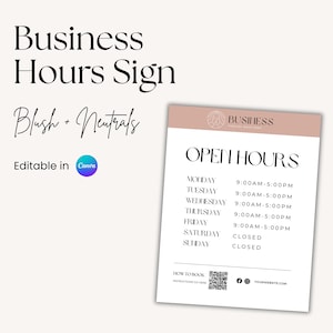 Open Hours Sign Canva Template, Editable Business Hours Sign, Salon Hours Sign, Hours of Operation Sign Printable Store Hours Template