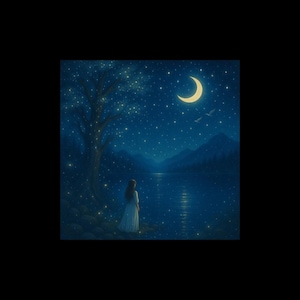 Poster – See im Mondschein, verträumte Sternennacht • Fantasie Landschaft mit Halbmond in der Nacht