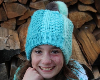 Winter Sunshine Hat with pompom pdf PATTERN, newborn to adult sizes, hat/beanie/toque to crochet, digital download