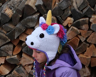 Unicorn Hat pdf PATTERN (digital download), crochet, newborn - adult sizes, photo prop, animal hat pattern, earflap hat