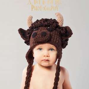 Buffalo hat pdf PATTERN, 1 year to adult, bison hat with horns to crochet for child or adult, photo prop, digital download image 1