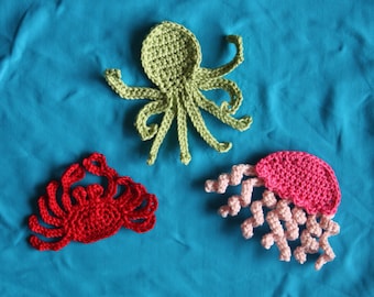 Sea Creatures Applique pdf PATTERN, crab, octopus, jellyfish, crochet for baby nursery or children