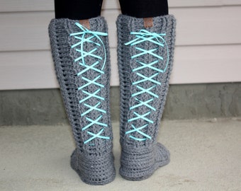 Ribbed Slipper Boots pdf PATTERN (digital download), size small to large, ribbed slippers/booties to crochet, lace-up or add bows