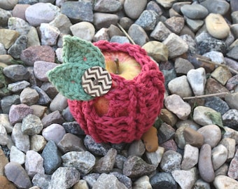 Ribbed Apple Cozy pdf Pattern with Leaves, crochet, digital download, photo prop, Apple keeper, lunches, school, teacher gift