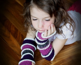 Striped Fingerless Gloves pdf PATTERN, child and adult sizes, arm warmers, texting gloves, wristlets, mittens to crochet, digital download