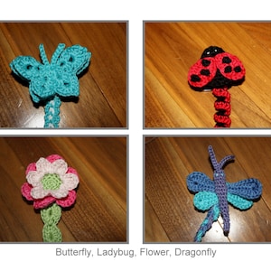 Garden Whimsy Nappklämma eller applikation pdf MÖNSTER, fjäril, nyckelpiga, trollslända, blomma, virkning för baby