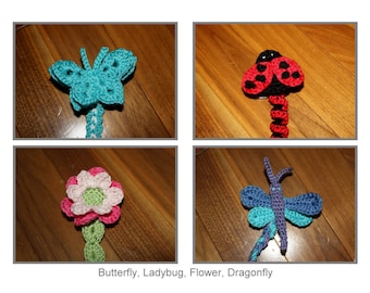 Garden Whimsy Soother or Pacifier Clip or applique pdf PATTERNS, butterfly, ladybug, dragonfly, flower, crochet for baby