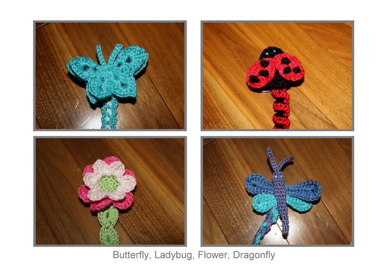 Garden Whimsy Soother or Pacifier Clip or applique pdf PATTERNS, butterfly, ladybug, dragonfly, flower, crochet for baby image 3