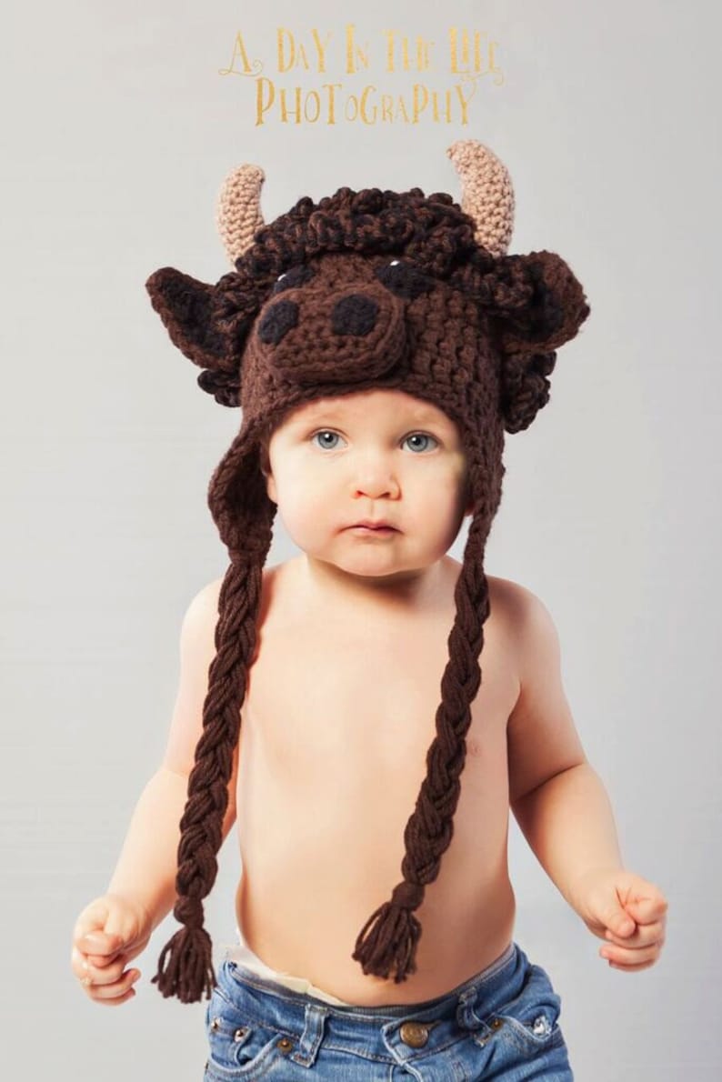 Buffalo hat pdf PATTERN, 1 year to adult, bison hat with horns to crochet for child or adult, photo prop, digital download image 1