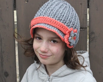 Ribbed Newsboy Hat pdf PATTERN, newborn to adult sizes, with flower, to crochet with flower or buttons, photo prop, digital download