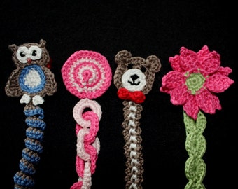 Sweet Baby Soother or Pacifier Clip or Applique pdf PATTERNS (digital download), owl, teddy bear, flower, circles, crochet for baby