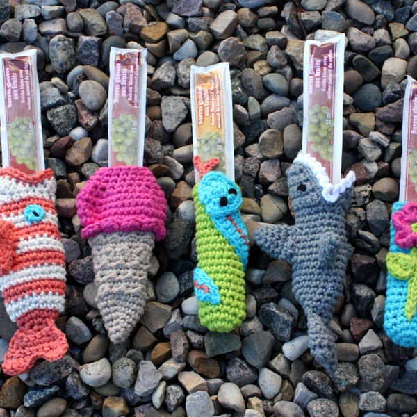 Freezie/Ice Pop Holders/Cozy pdf PATTERNS (digital download), shark, flower, snake, ice cream cone, fish, crochet