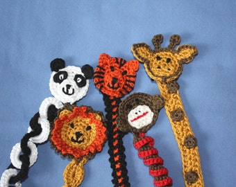 Zoo Animals Soother or Pacifier Clip or Applique pdf PATTERNS, tiger, lion, panda, monkey, giraffe, crochet for baby