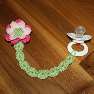 Garden Whimsy Soother or Pacifier Clip or applique pdf PATTERNS, butterfly, ladybug, dragonfly, flower, crochet for baby image 1