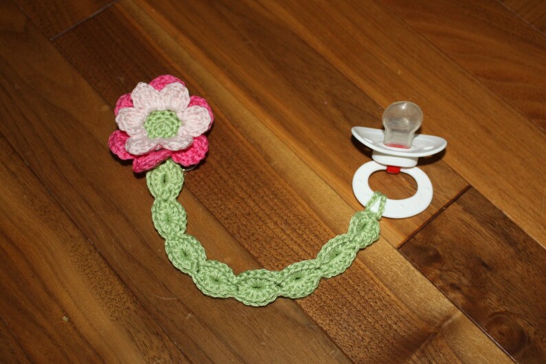 Garden Whimsy Soother or Pacifier Clip or applique pdf PATTERNS, butterfly, ladybug, dragonfly, flower, crochet for baby image 1
