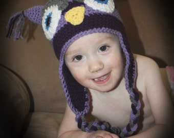 Striped Owl Hat pdf PATTERN (digital download), crochet, newborn - adult sizes, photo prop, animal hat pattern, earflap hat