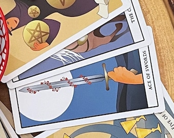 May include: A collection of tarot cards including the Four of Pentacles, Ace of Swords, and Five of Cups, alongside a green candle labeled Meadow Maiden Ritual Altar Candles, all arranged on a circular wooden slice with a natural bark edge.